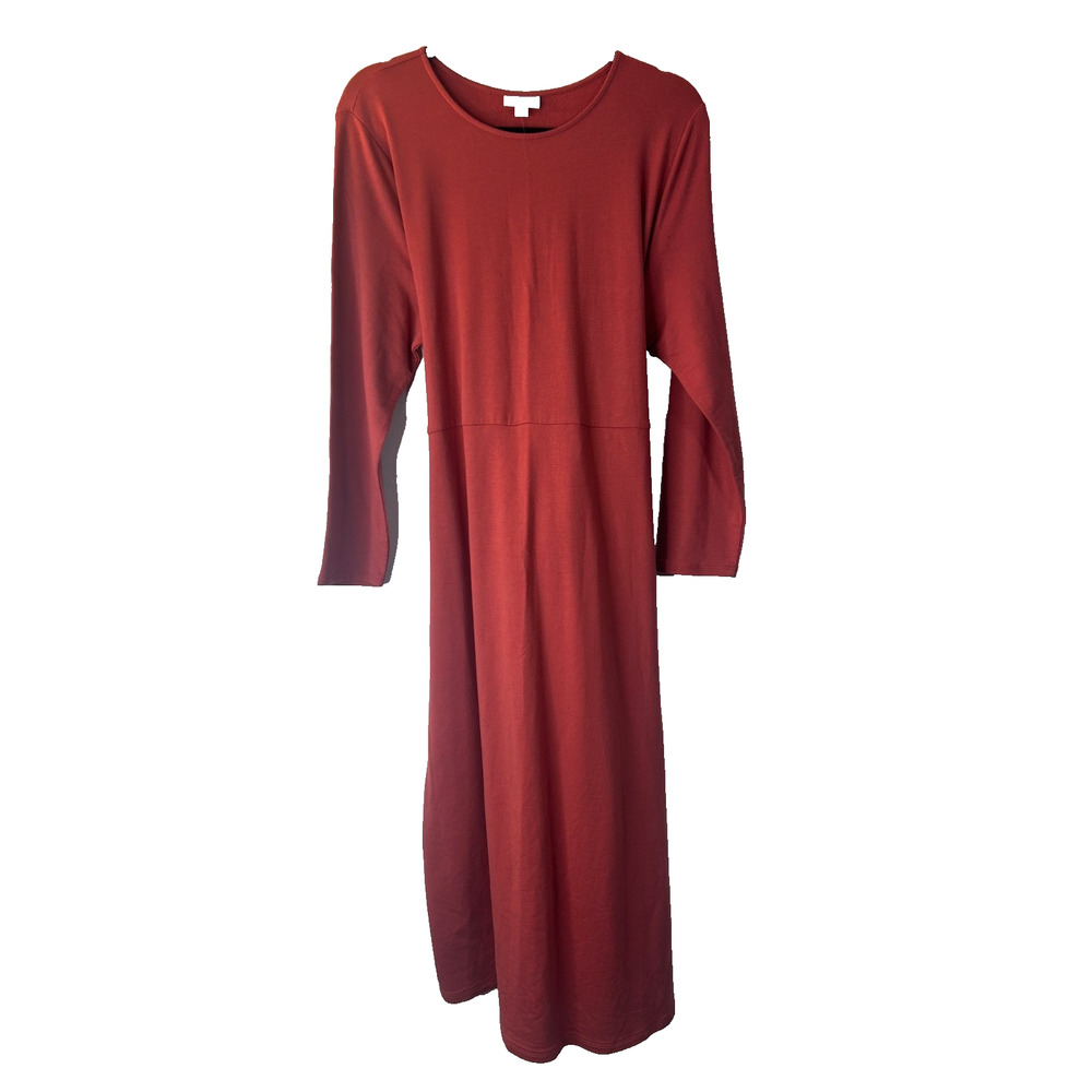 J Jill Pure Jill Long Sleeve Maxi Dress XLP‎ Brick Red Jersey Knit Belted Modest